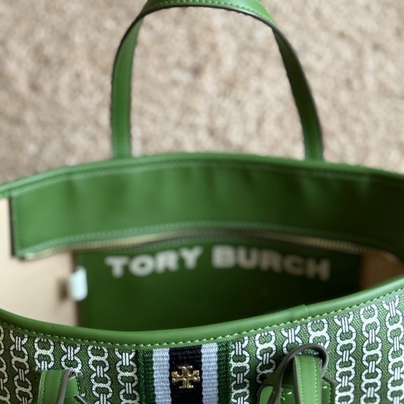 TORY BURCH GEMINI LINK canvas top zip tote #58450 Green with Navy stripe RARE. - Picture 6 of 9